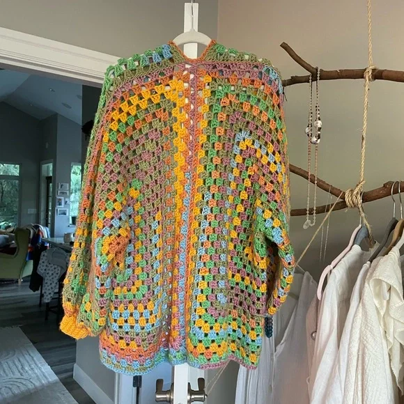 Handmade Colorful Crochet Open-Front Sweater - Picture 2 of 4